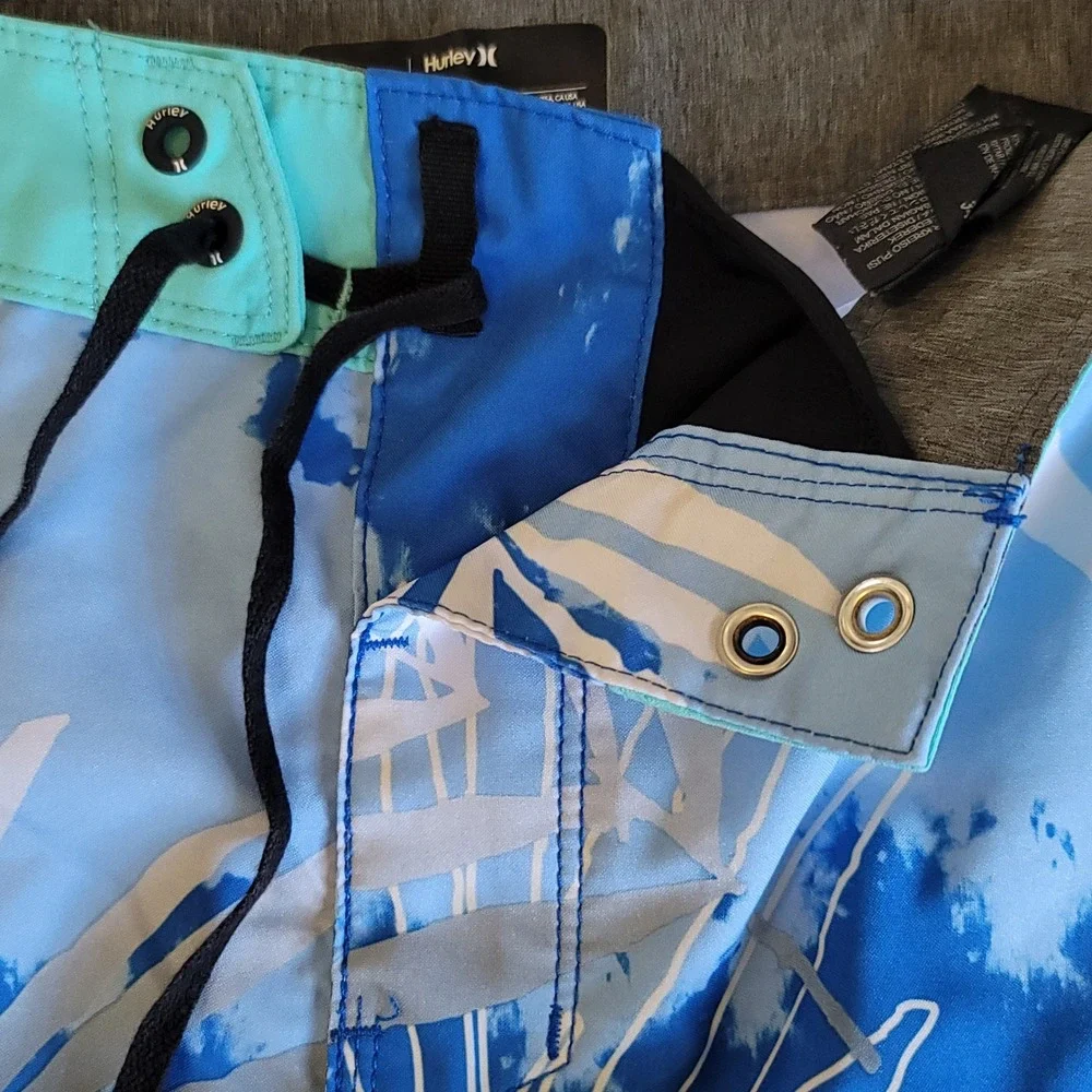 Hurley Board‎ Shorts Mens 34 Blue Tie Dye Tropical Palm Leaf Swim Trunks Surf